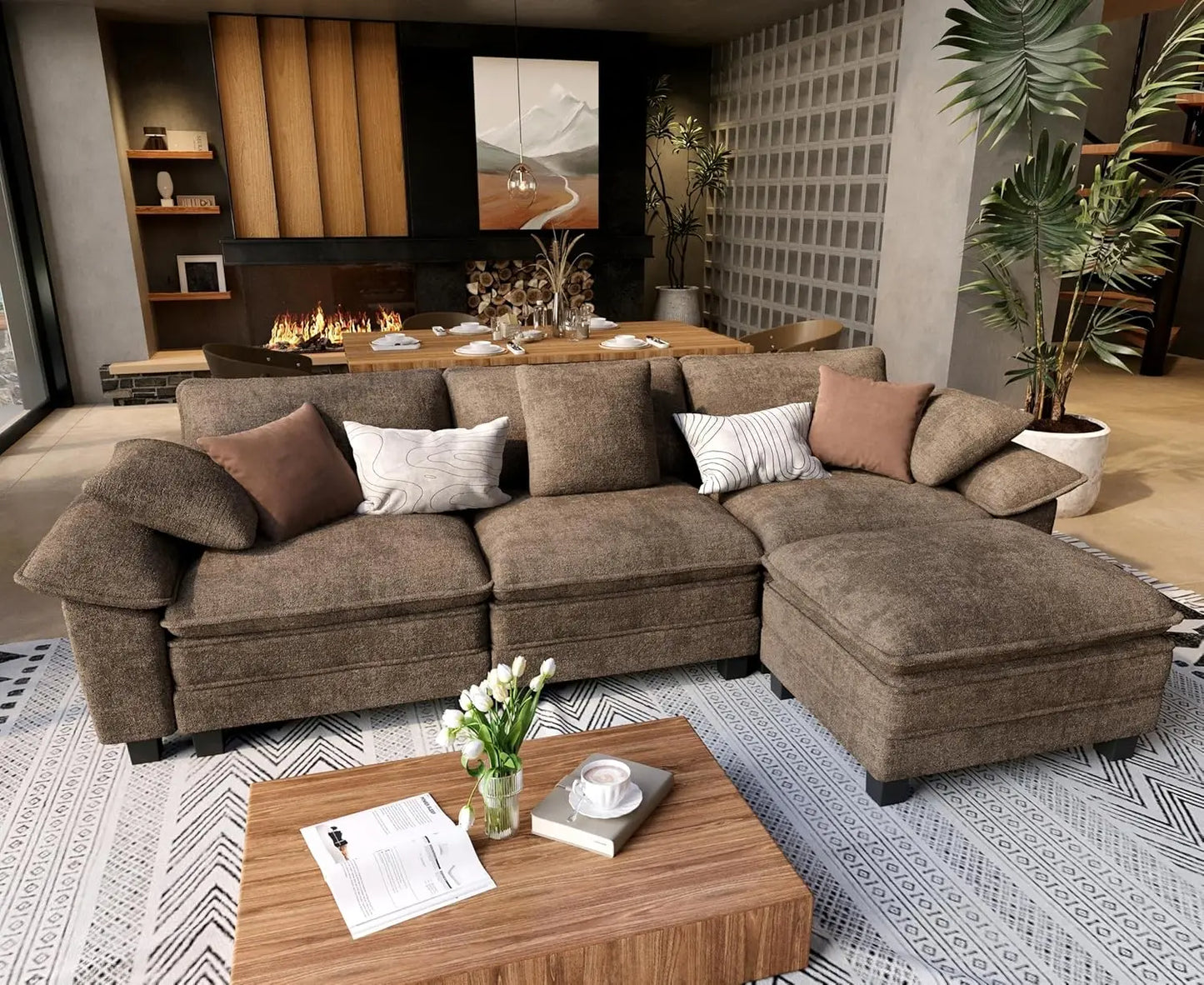 L Shaped Modular Cloud Couch Sectional Sofa Wide Armrests Ottoman