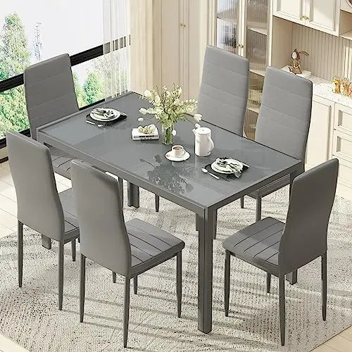 7 Piece Dining Set For Six With Glass Table Chairs