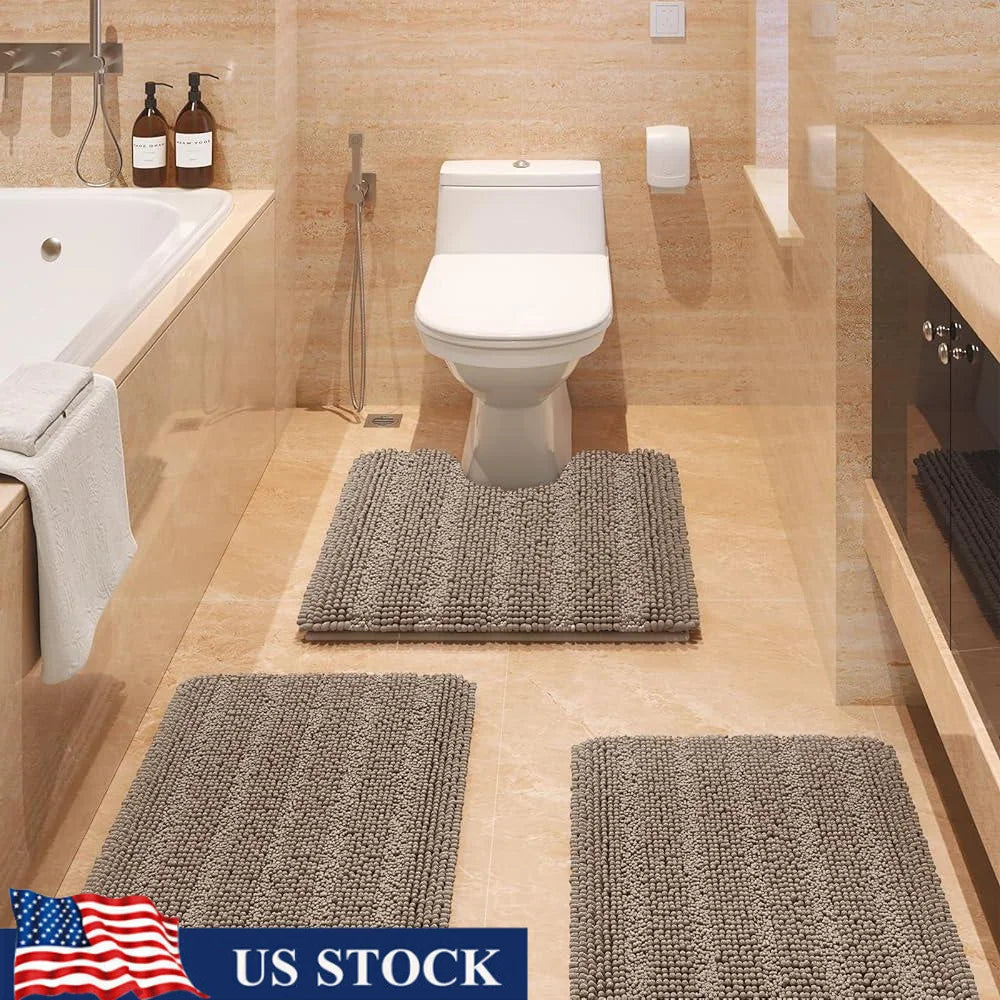 Ultra Soft Chenille Bath Rugs Non Slip Absorbent Bathroom Mat Set Home Shower Toilet Bedroom Easy Washable