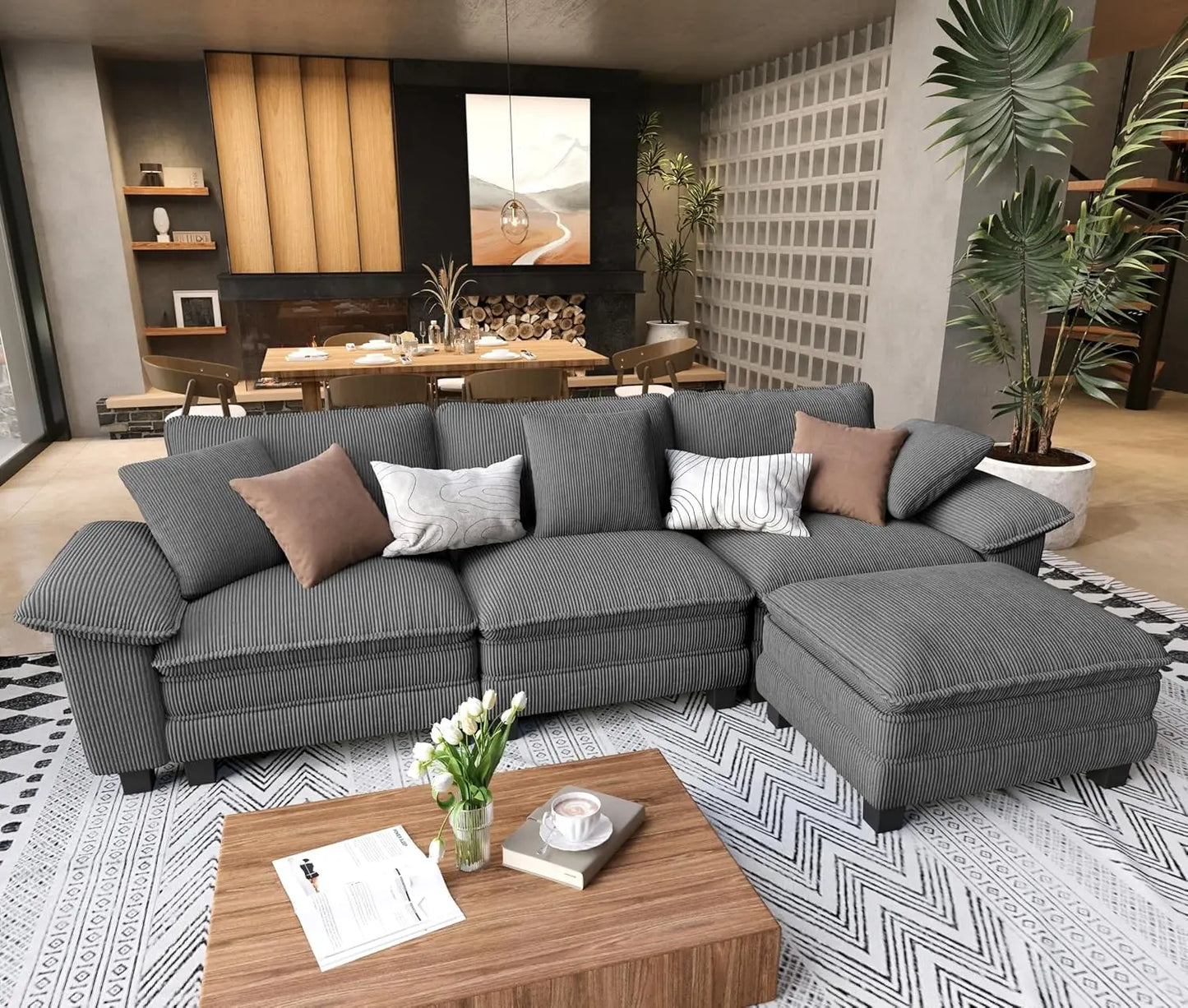L Shaped Modular Cloud Chenille Sectional Sofa With Ottoman