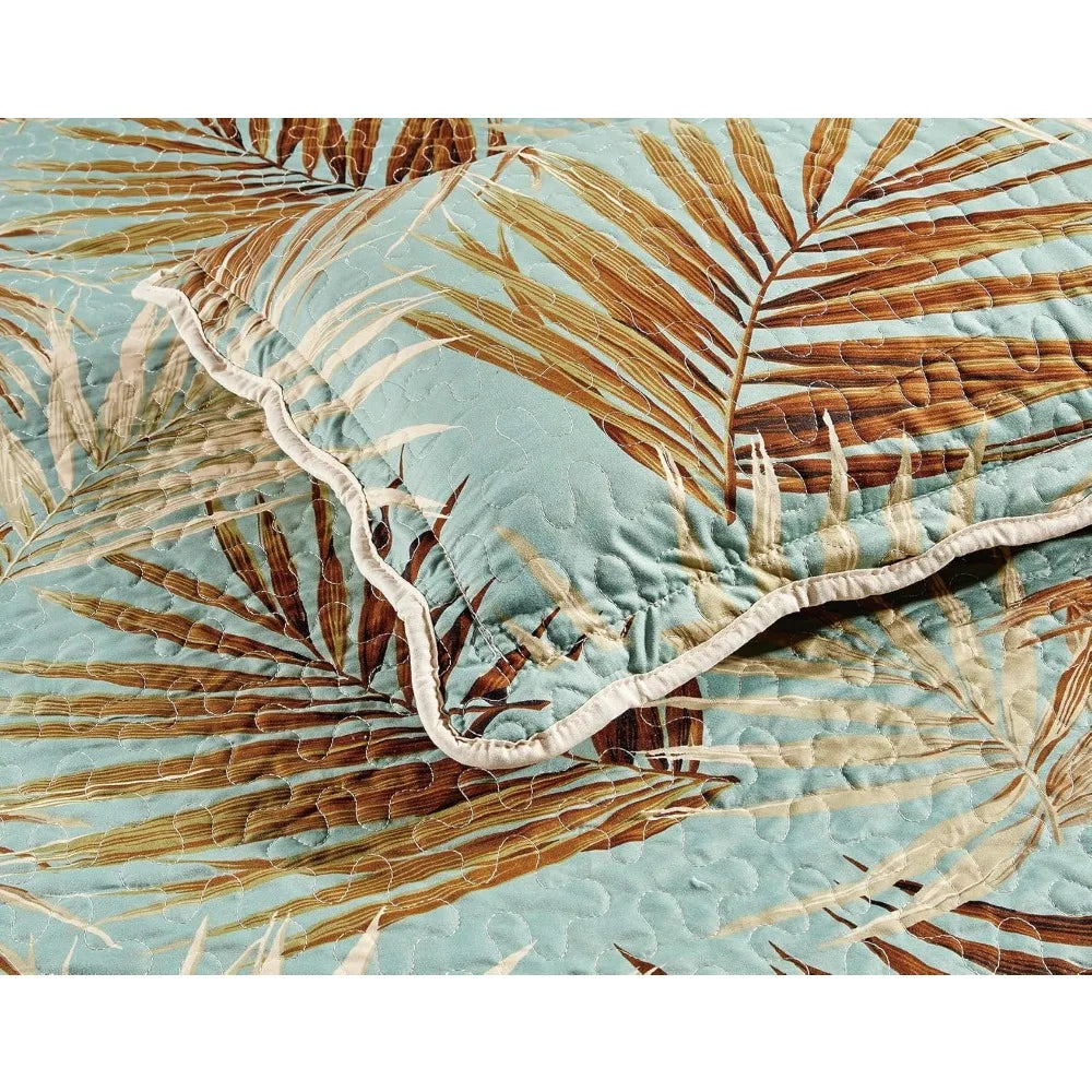 Tropical Palm Leaves 3-Piece Oversized Quilt Set for King Size Bed in Sage