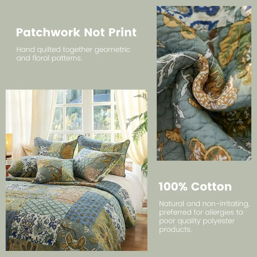 Oversized 100 Cotton California King Quilt Set Green Patchwork