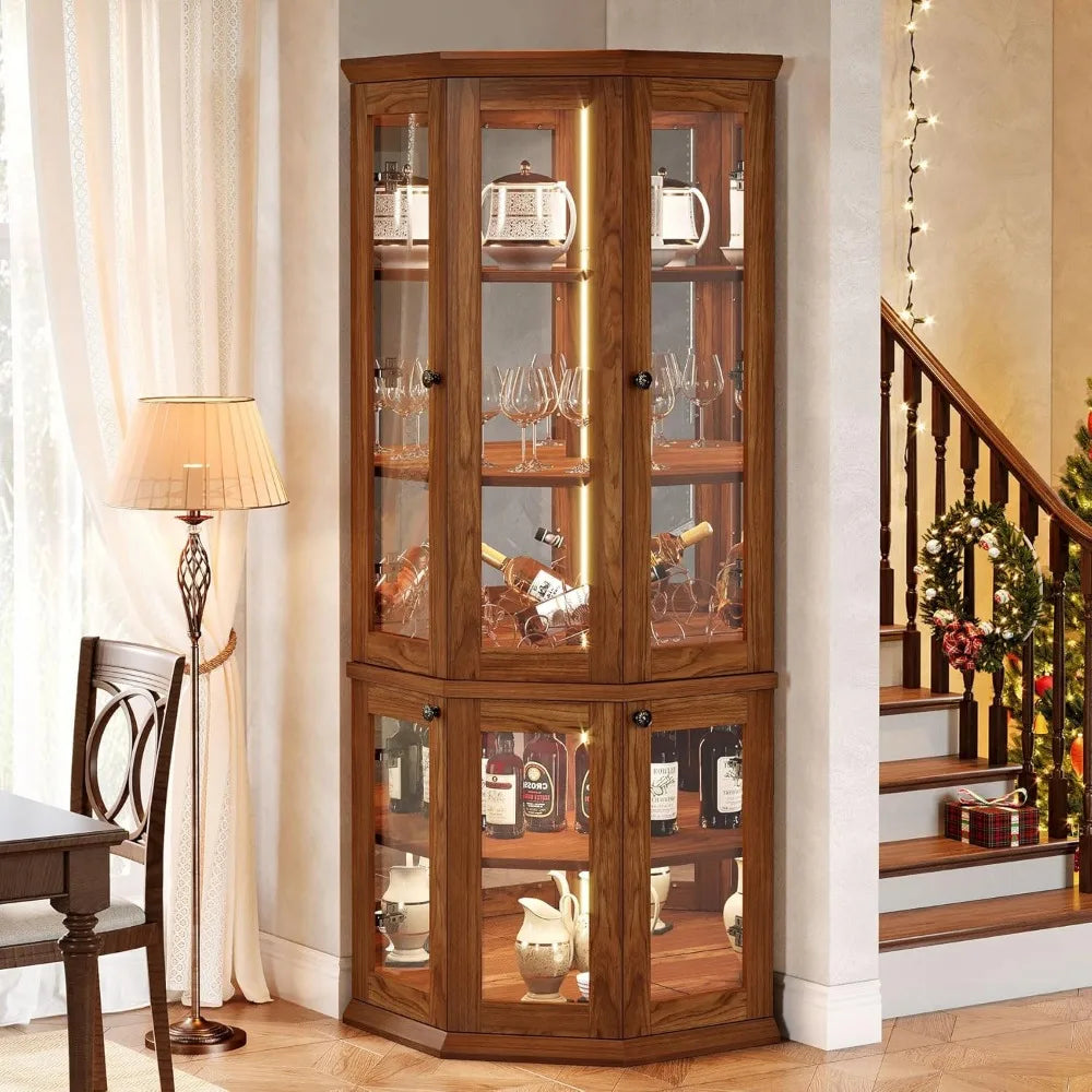 Corner Storage Cabinet, 71" Tall Corner Cabinet with Doors & LED Lights, 5-Tier Mid-Century Display Shelf for Living Room, Kitc