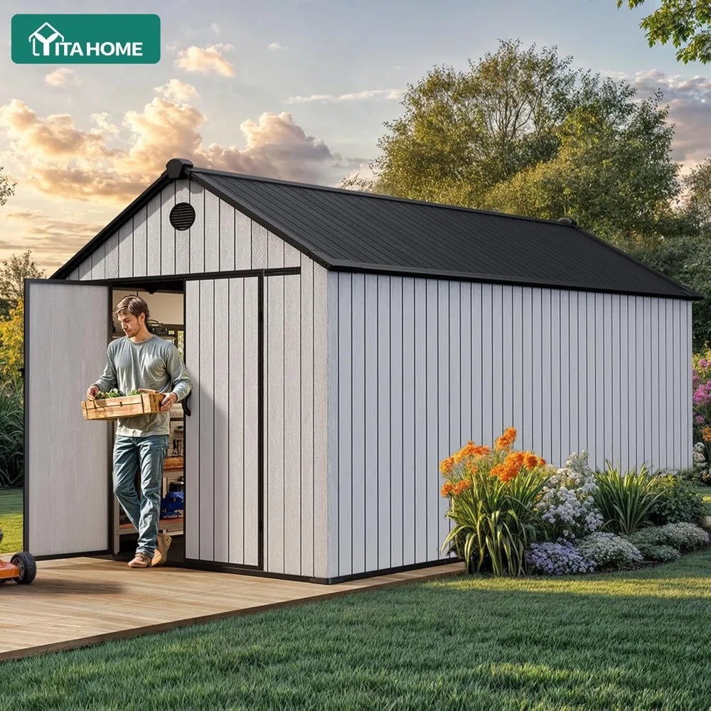 8x16 Ft Waterproof Outdoor Storage Shed With Floor Lockable Doors