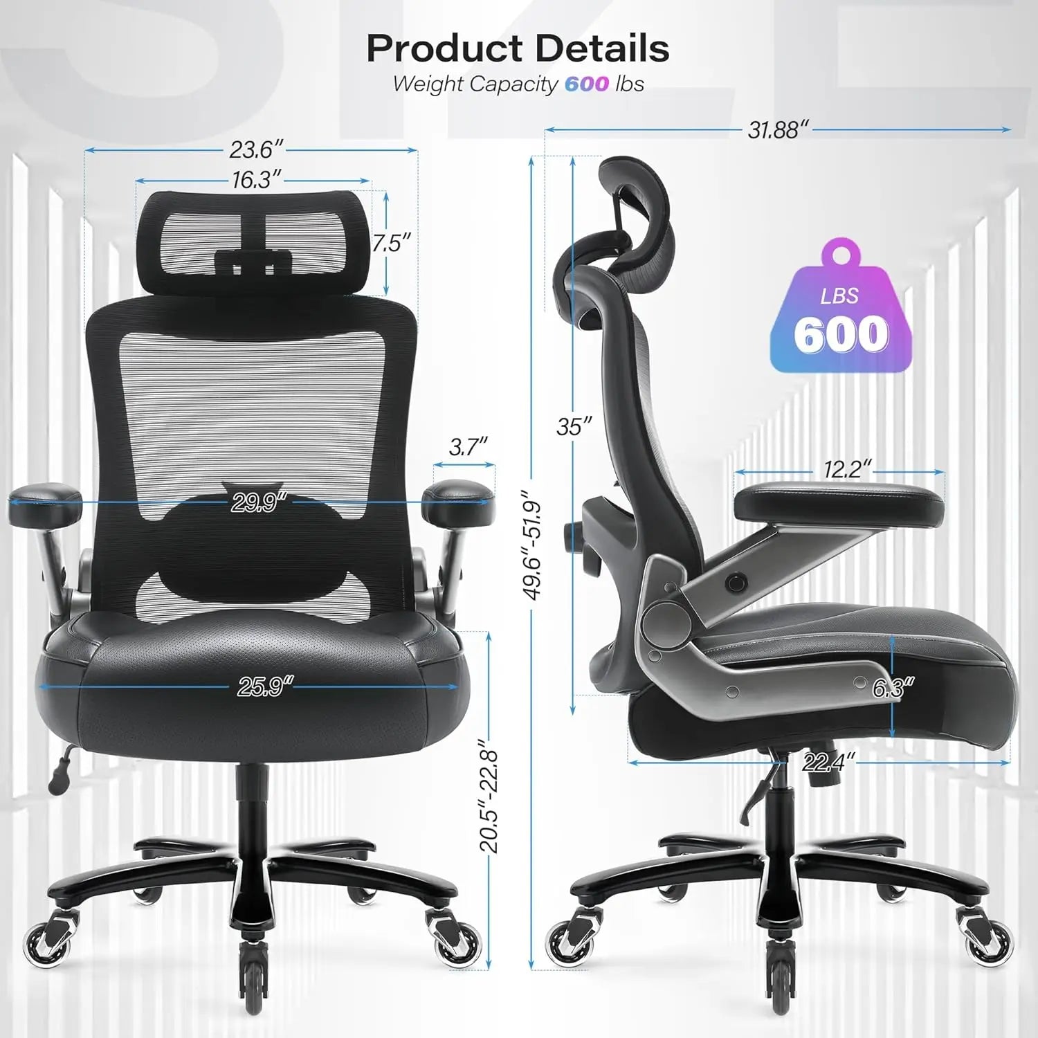 600 LB Big and Tall Office Chair with 3D Flip Arms Large Wheels Extra Wide Seat