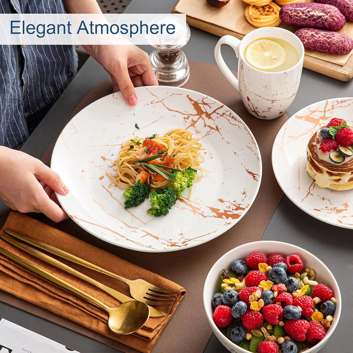 White Dinnerware Sets for 4, 16 Piece Porcelain Dish Set Plates and Bowls Sets, Gold Splash Glaze Ceramic Dinner Set with Mugs,