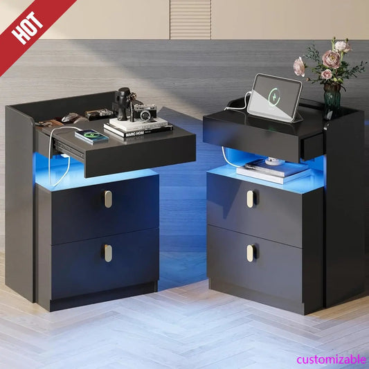 NEW Nighstand Set of 2 , LED Night Stands Sets , Bedside Tables , End Table for Bedroom, Living Room, Black