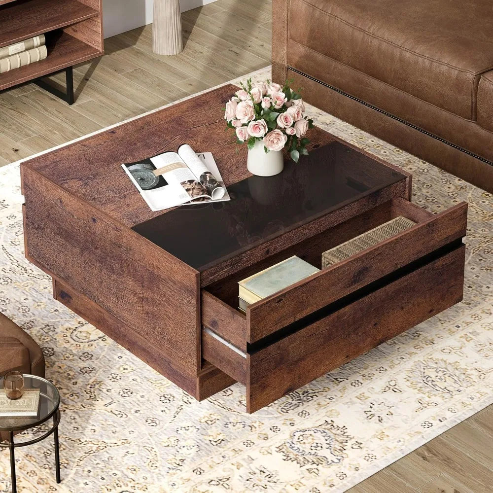 Modern Coffee Table, Square Living Room Coffee Table with Tempered Glass Top and Two Large Storage Drawers, 31.5"x 31.5", Brown