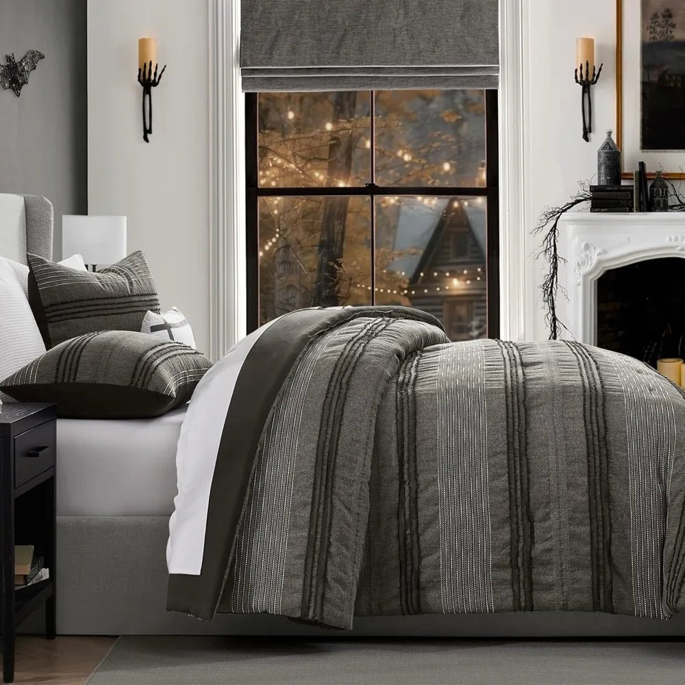 Dark Grey King Comforter Set With Striped Cotton Boho Shams