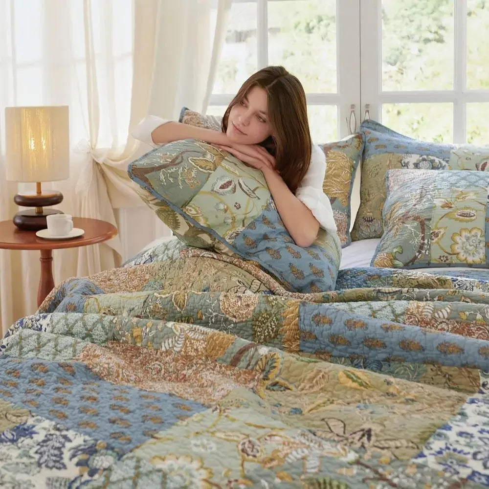 Oversized 100 Cotton California King Quilt Set Green Patchwork