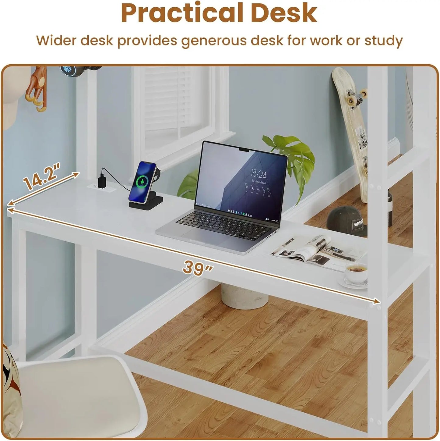White Metal Twin Loft Bed With Desk And Storage Drawers