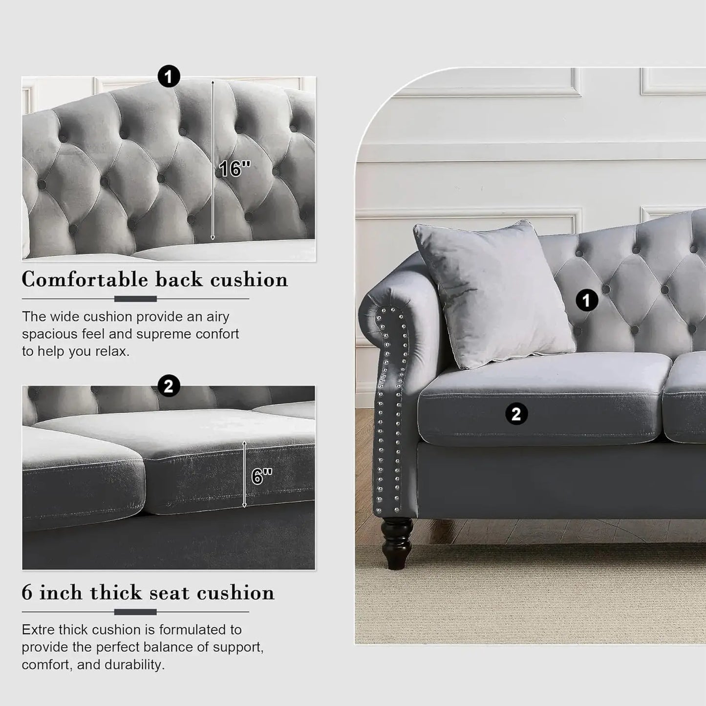 Chesterfield Velvet Sofa Set 3-Seater and Loveseat with Pillows Rolled Arms Nailhead Trim Classic Design Living Room Bedroom