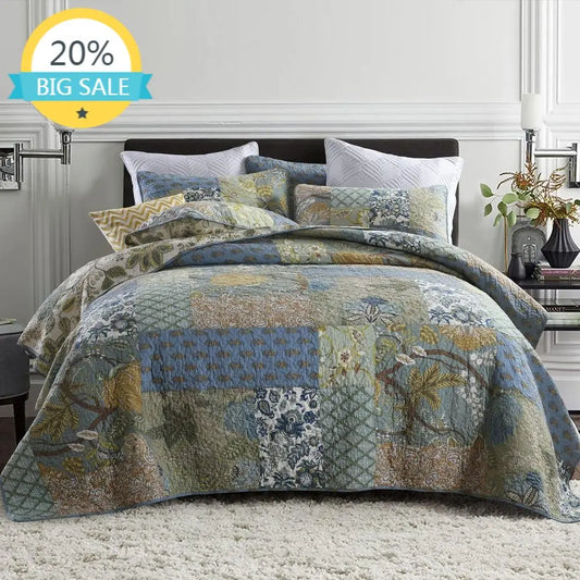 Oversized 100 Cotton California King Quilt Set Green Patchwork