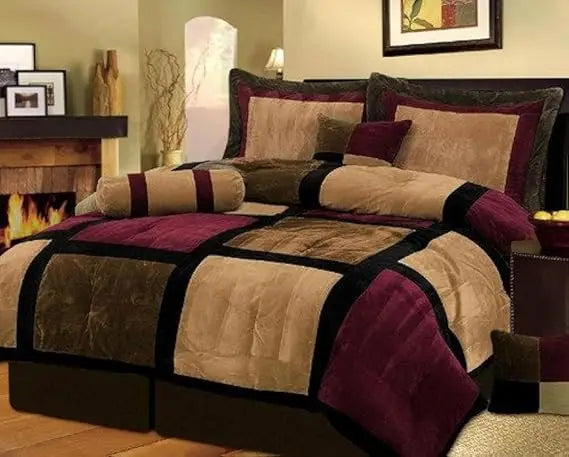 7 Piece Burgundy Brown Black Bed in a Bag Micro Suede Queen Comforter Set with Accent Pillows