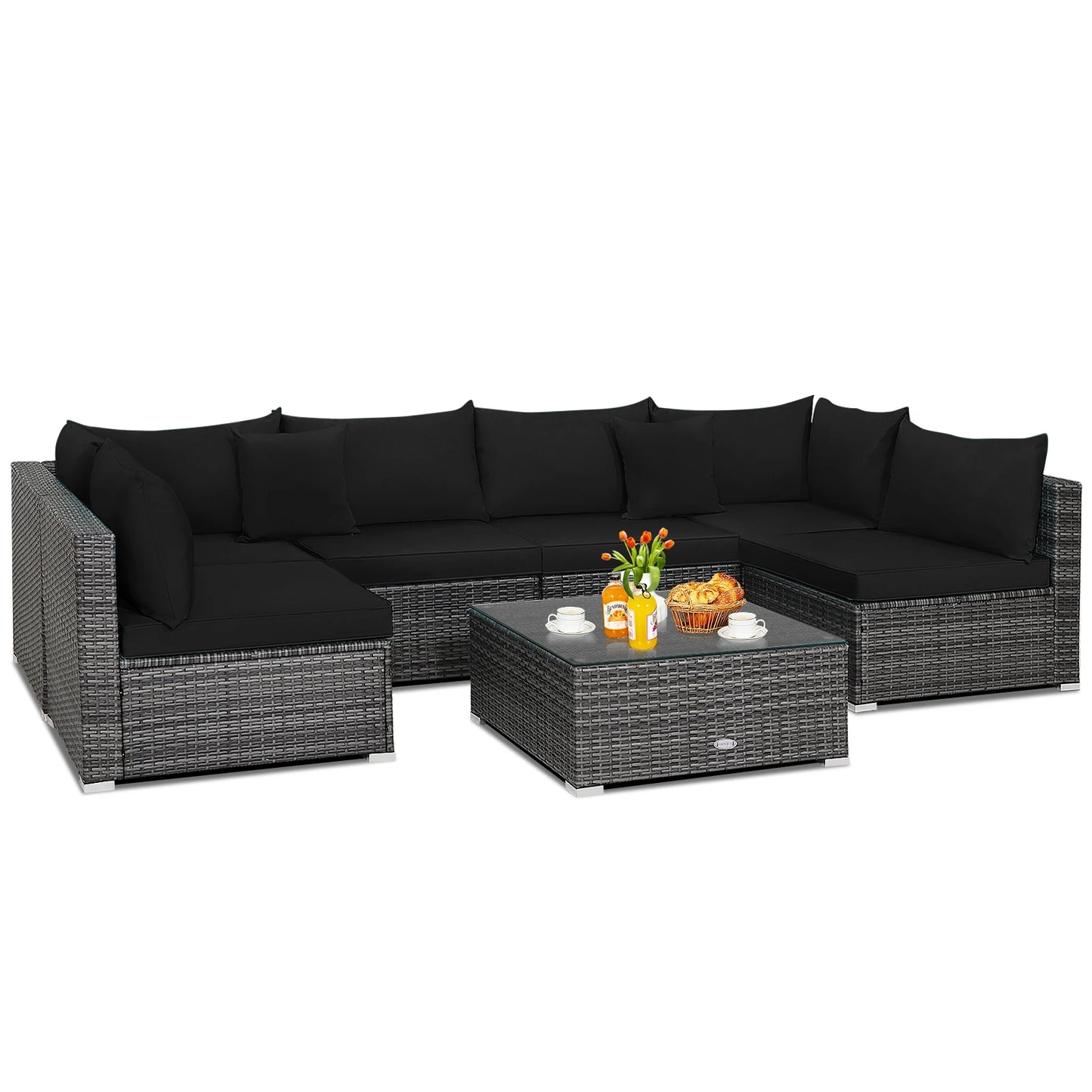 7PCS Patio Rattan Furniture Set Sectional Sofa Cushioned Garden Black
