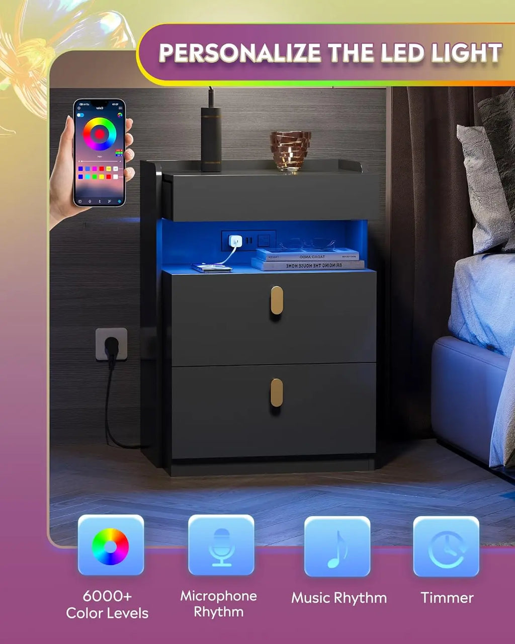 NEW Nighstand Set of 2 , LED Night Stands Sets , Bedside Tables , End Table for Bedroom, Living Room, Black