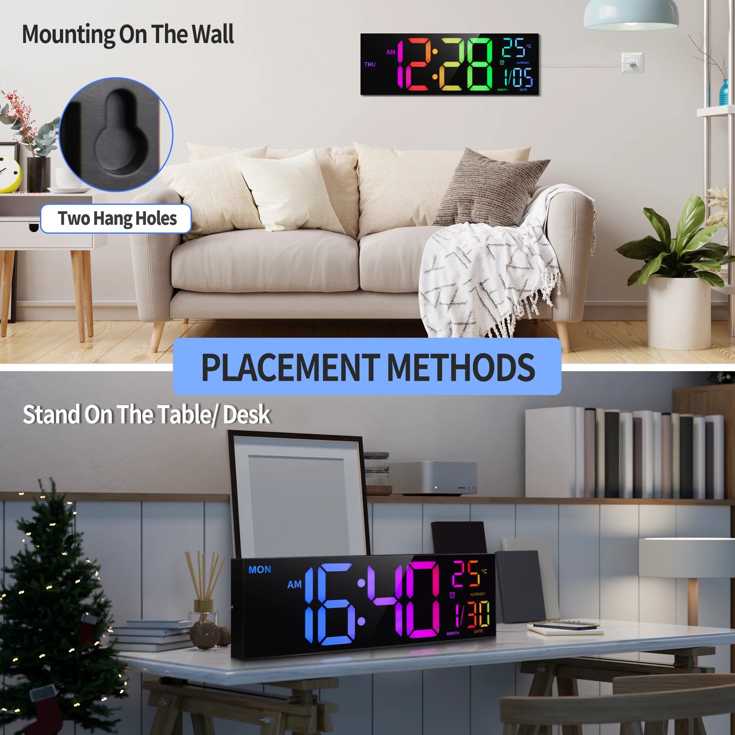 16 Inch Large Digital Wall Clock With Remote RGB LED Display Alarm Temperature For Living Room And Kitchen