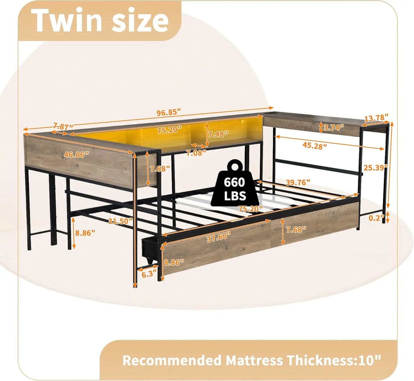 Corner Bed Frame With Storage Bookcase And LED Charging Station Metal Platform Twin Daybed With Drawers
