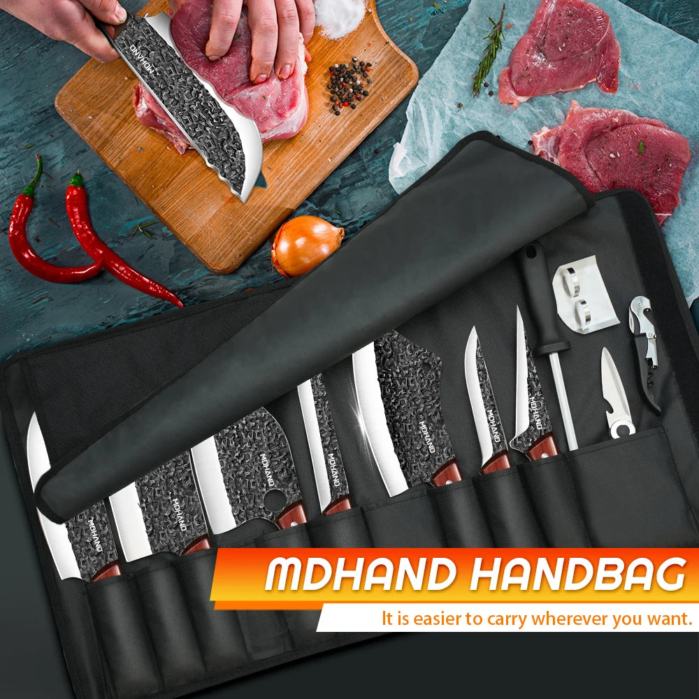 14 Piece Hand Forged Butcher Knife Set With Roll Bag