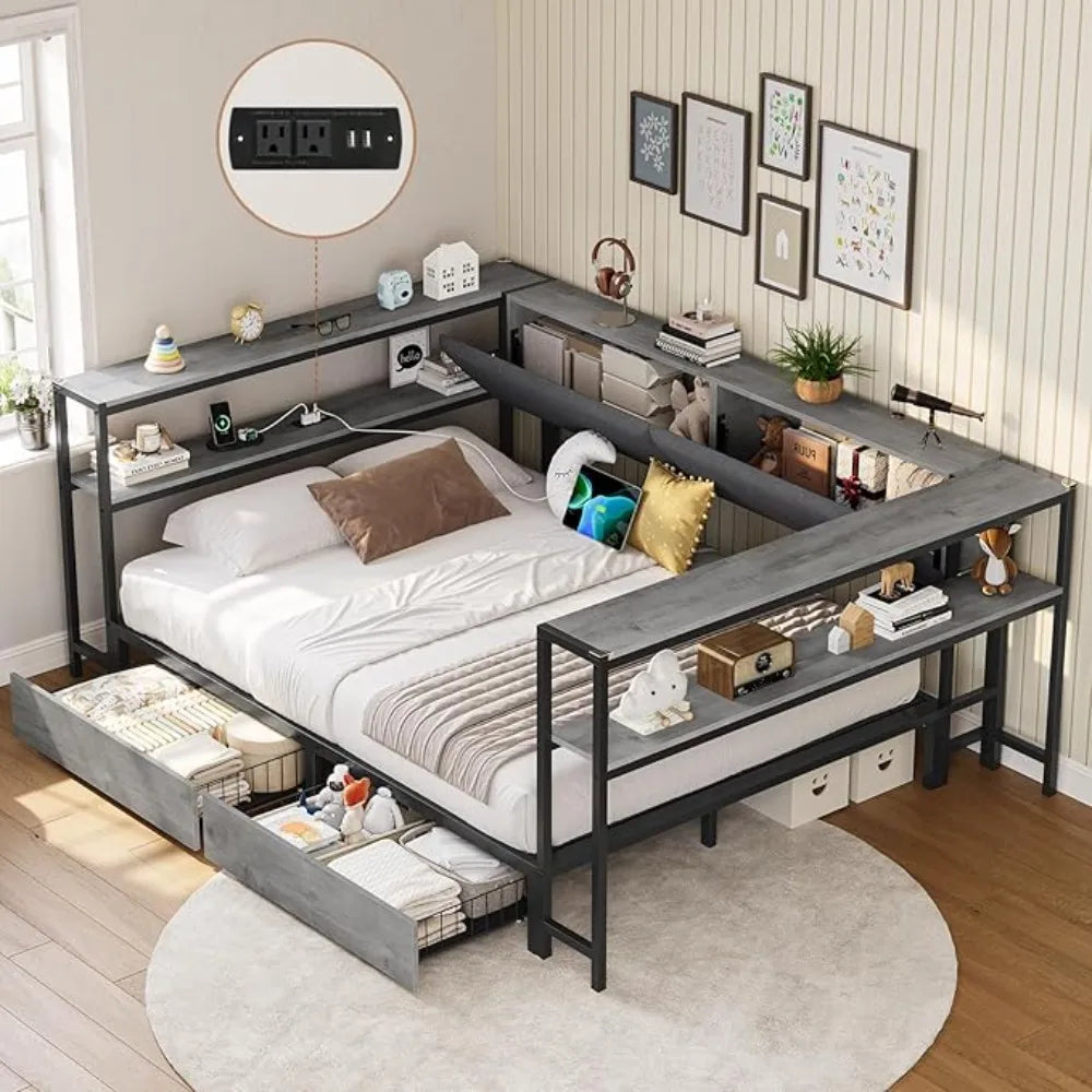 Full Corner Bed Frame with 2 Drawers and Hidden Storage Full Size Daybed with Charging Station and Storage Open Shelves Metal