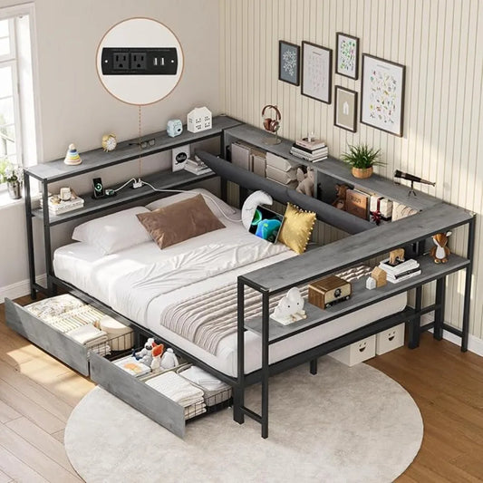 Full Corner Bed Frame with 2 Drawers and Hidden Storage Full Size Daybed with Charging Station and Storage Open Shelves Metal