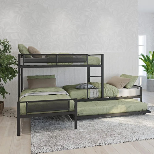L-Shaped Triple Bunk Bed with Trundle for 4 Boys/Girls/Adults, Sturdy Metal Quad Bunk Beds Twin Over Twin w/Safety Textilene Gua