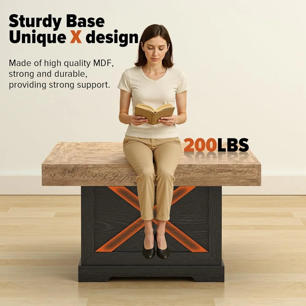 Rustic Dark Oak Coffee Table with X-Frame Pedestal for Living Room and Home Office