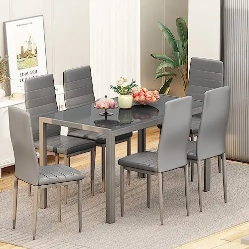 7 Piece Dining Set For Six With Glass Table Chairs