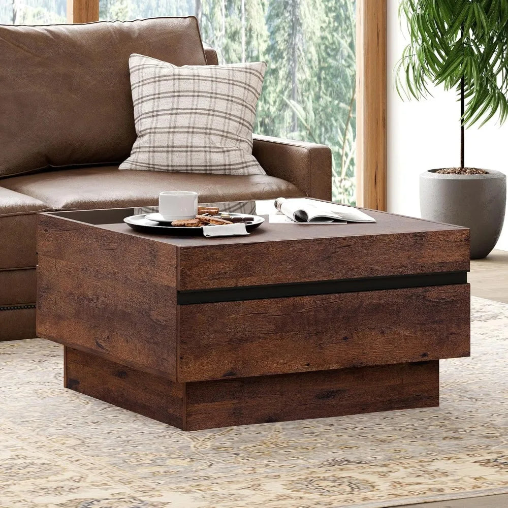 Modern Coffee Table, Square Living Room Coffee Table with Tempered Glass Top and Two Large Storage Drawers, 31.5"x 31.5", Brown
