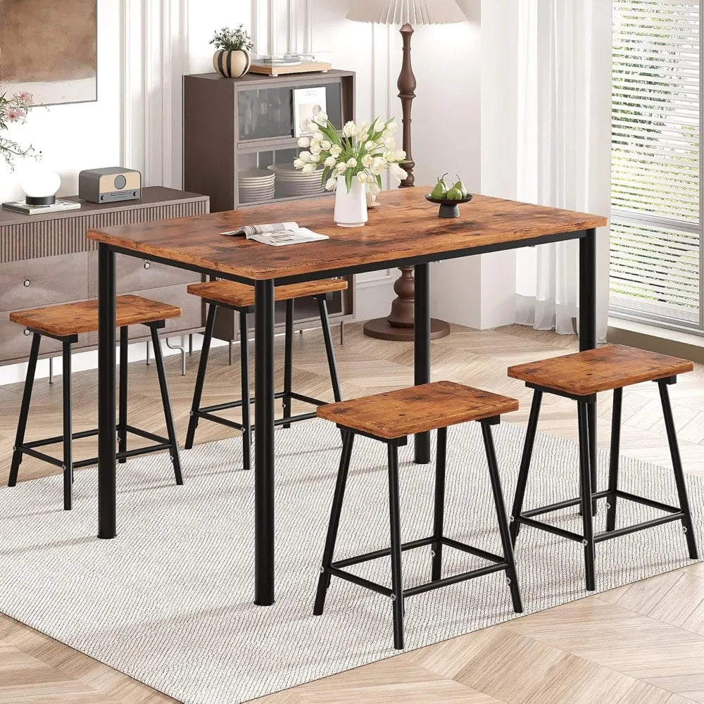 4 Person Dining Table Set With Metal Frame And Wooden Top For Small Spaces