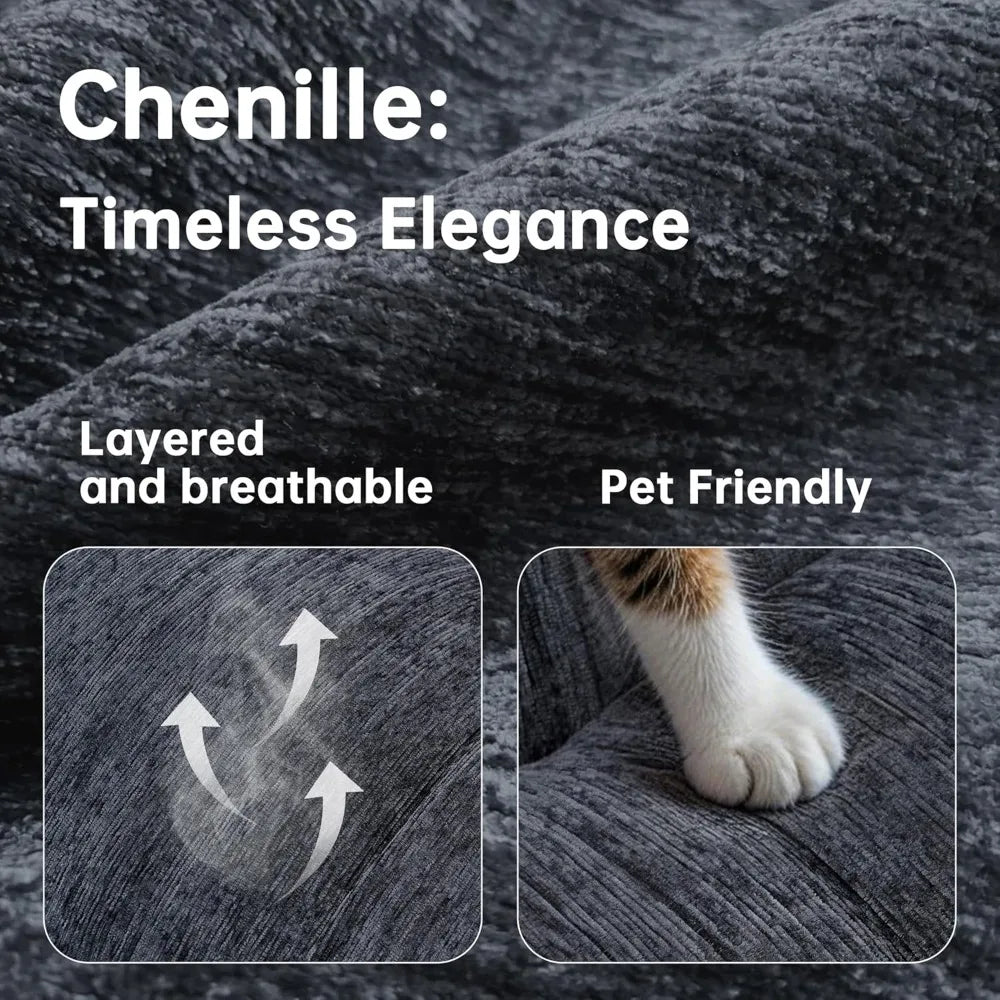 Luxury Chenille Fabric Cloud Couch Sofa, Comfortable Living Room Furniture, Wide Armrests Black Sofa for Apartments