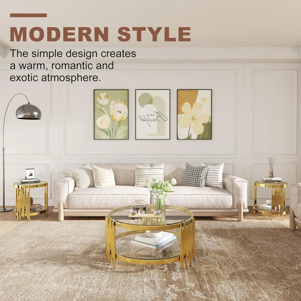 3 Piece Glass Coffee Table Set With Round Stainless Steel