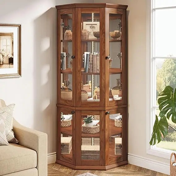 Corner Storage Cabinet, 71" Tall Corner Cabinet with Doors & LED Lights, 5-Tier Mid-Century Display Shelf for Living Room, Kitc