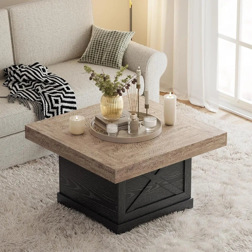 Rustic Dark Oak Coffee Table with X-Frame Pedestal for Living Room and Home Office