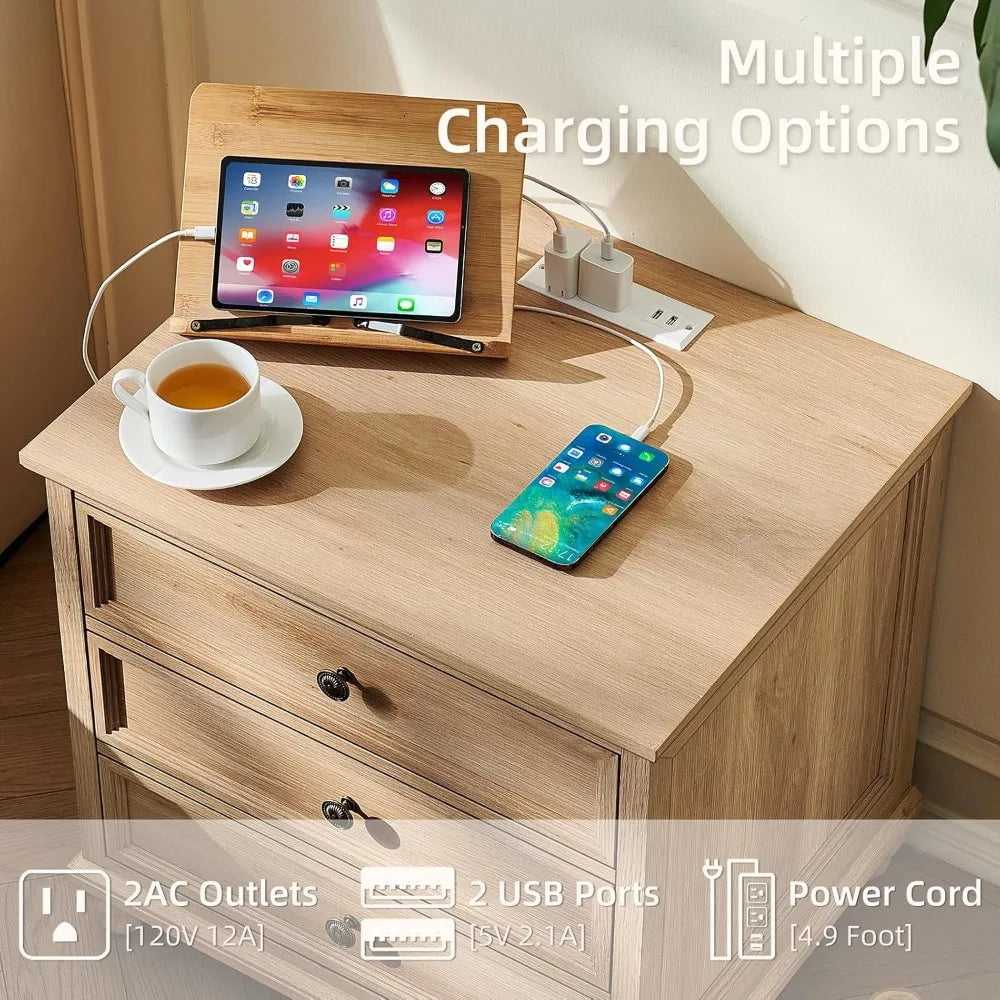 Farmhouse Nightstand with Charging Station, 24 Wide End Table with 3 Drawers, Natural Wood Dresser for Bedroom, Bedside Table