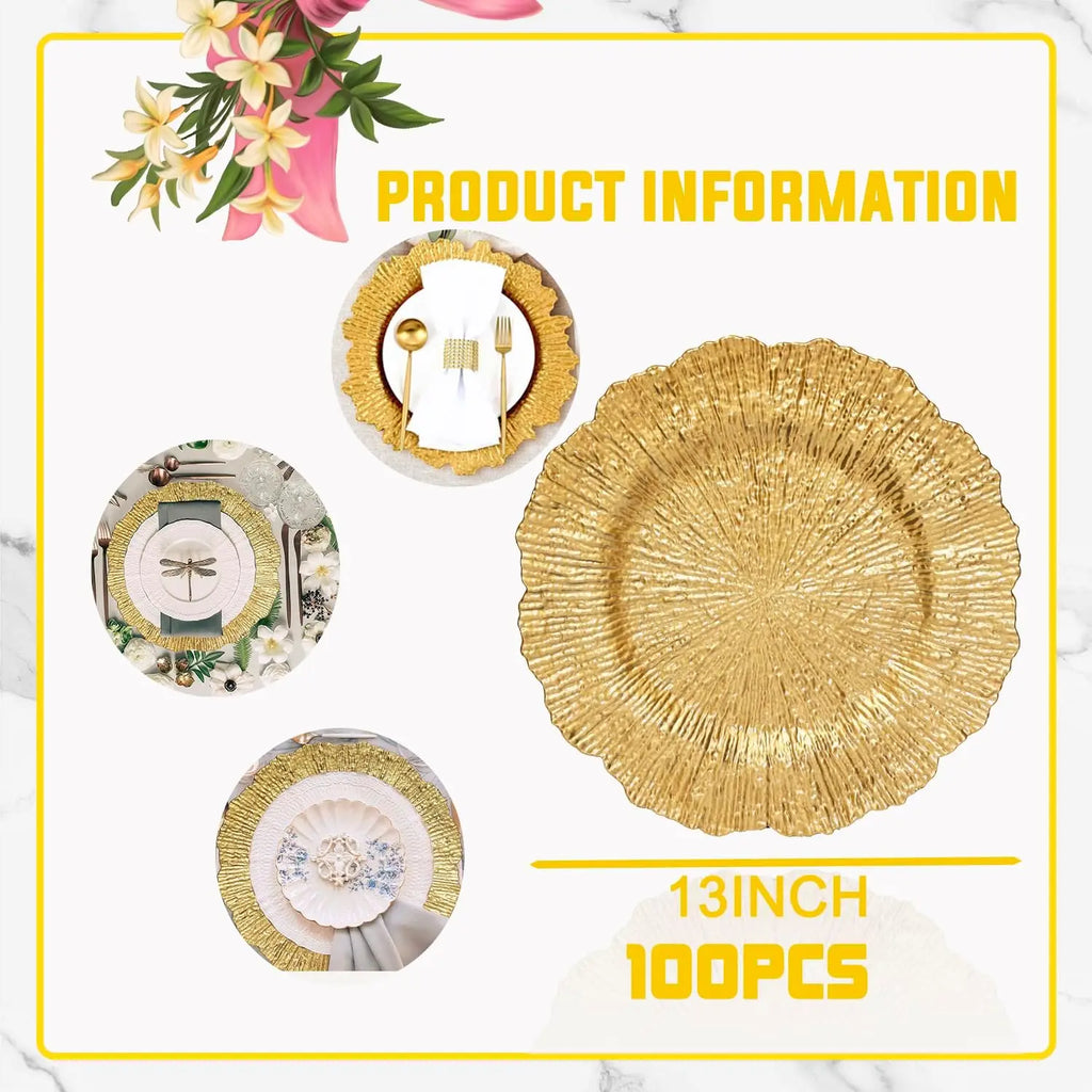 Gold 13 Inch Charger Plates Matte Reef Ruffled Rim 100Pcs