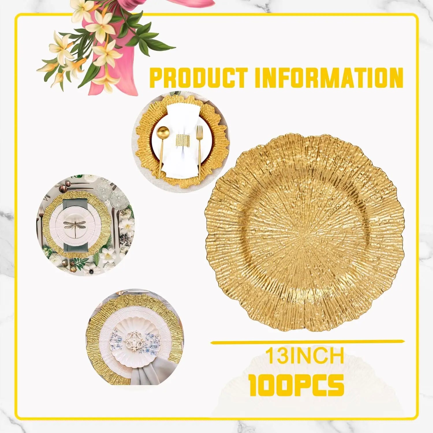 Gold 13 Inch Charger Plates Matte Reef Ruffled Rim 100Pcs