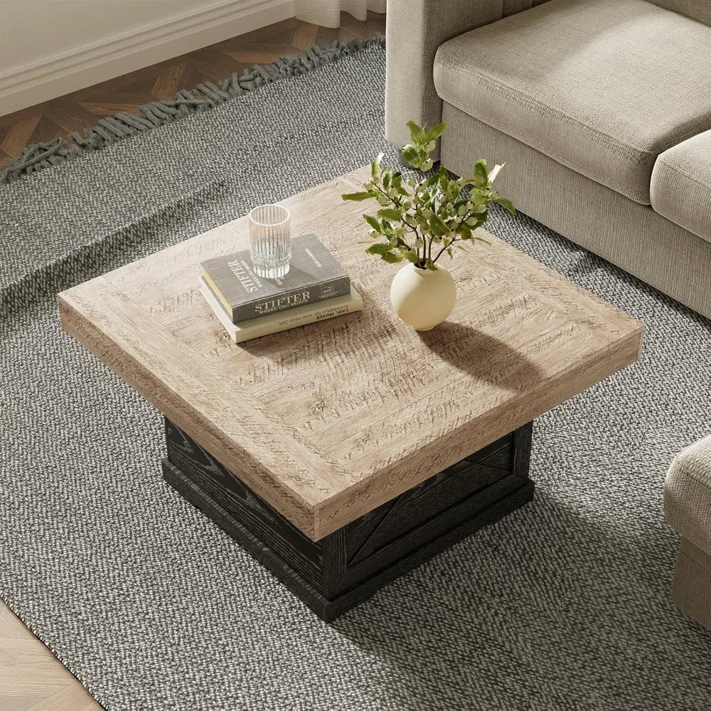 Rustic Dark Oak Coffee Table with X-Frame Pedestal for Living Room and Home Office