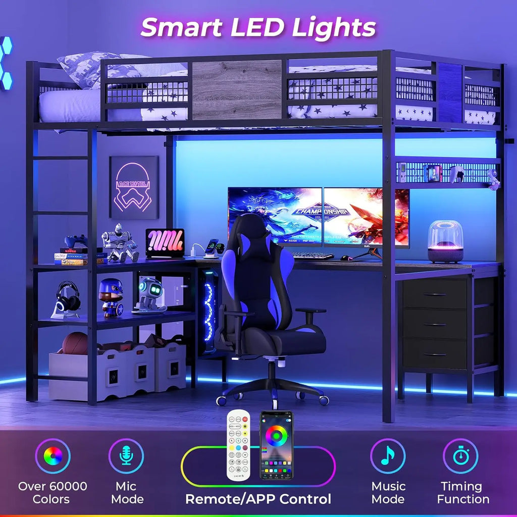 Full Size Loft Bed With L Shaped Desk RGB Lights Storage Drawers Shelves
