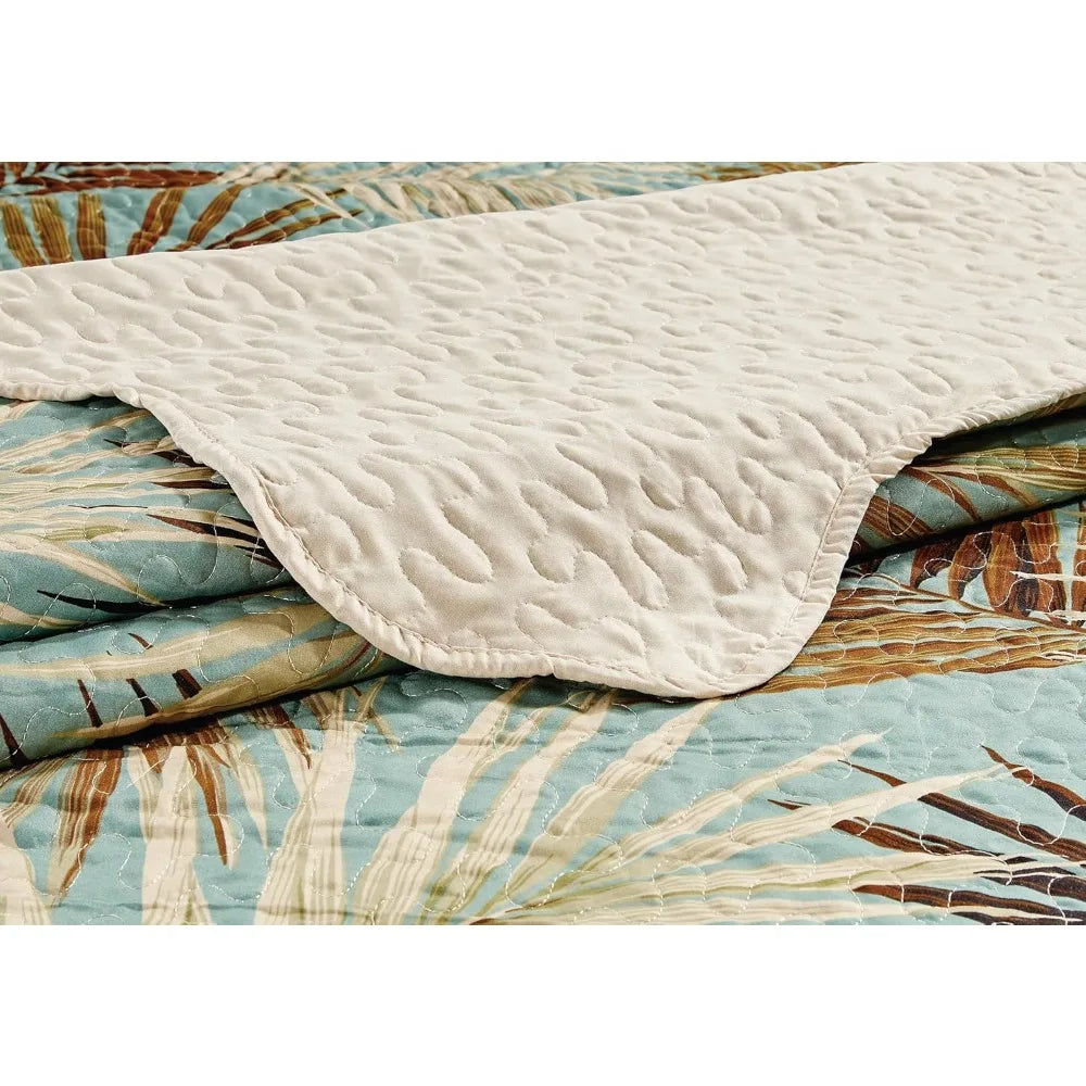 Tropical Palm Leaves 3-Piece Oversized Quilt Set for King Size Bed in Sage