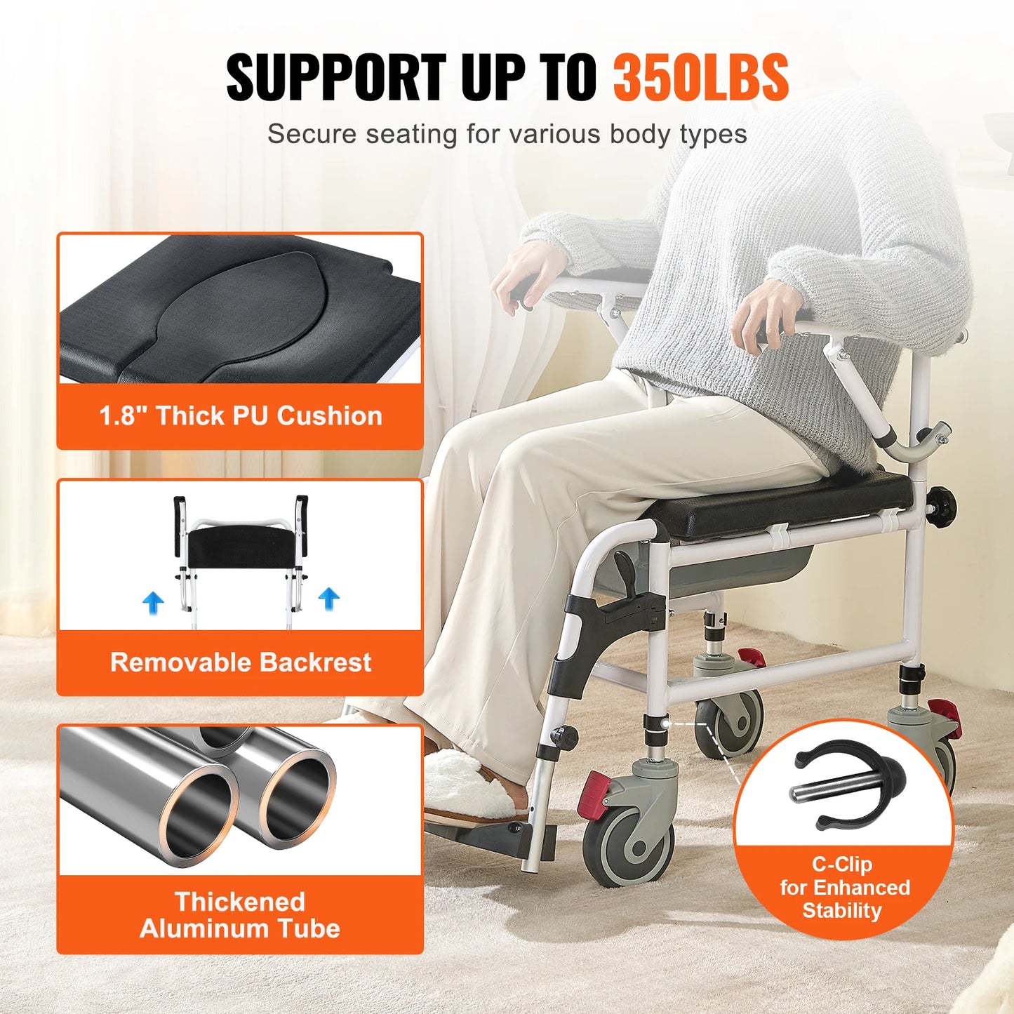 SucceBuy Shower Commode Wheelchair with 4 Lockable Wheels Footrests Flip-up Arms 3-Level Adjustable Height 5L Removable Bucket